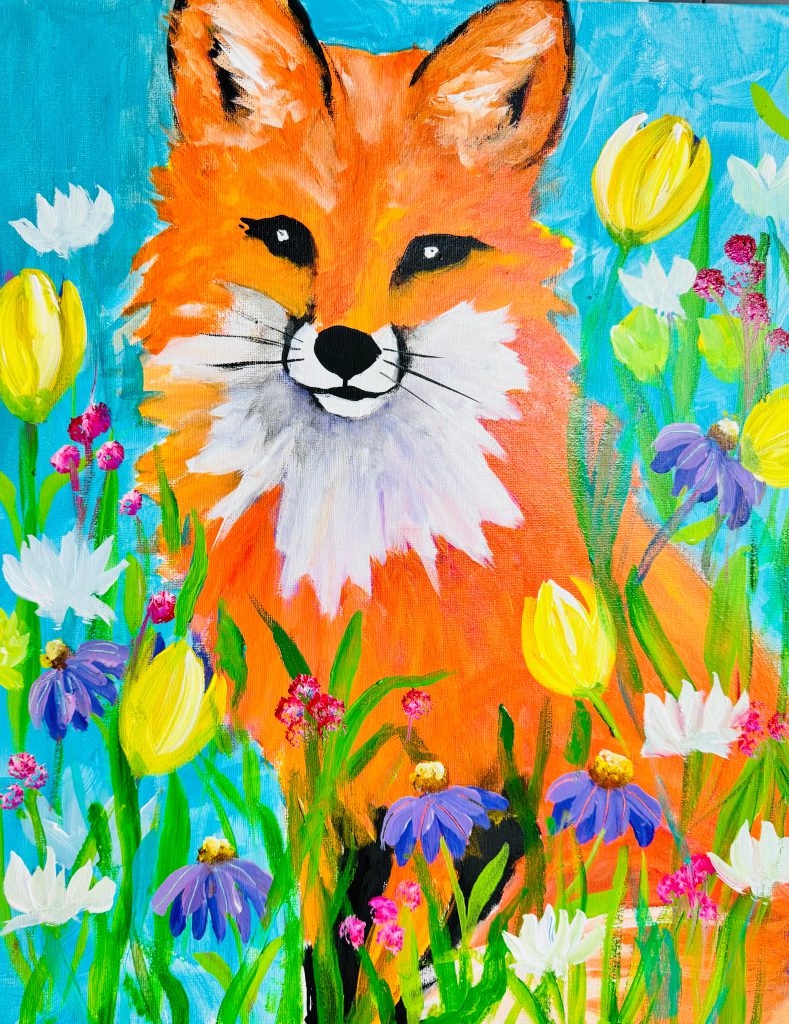 Fox in the Flowers, acrylic painting by Trish Davis